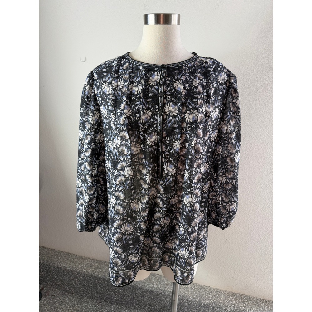 Max Studio Womens Plus 1X Paisley Floral Button Blouse Blue Black 3/4 Sleeve